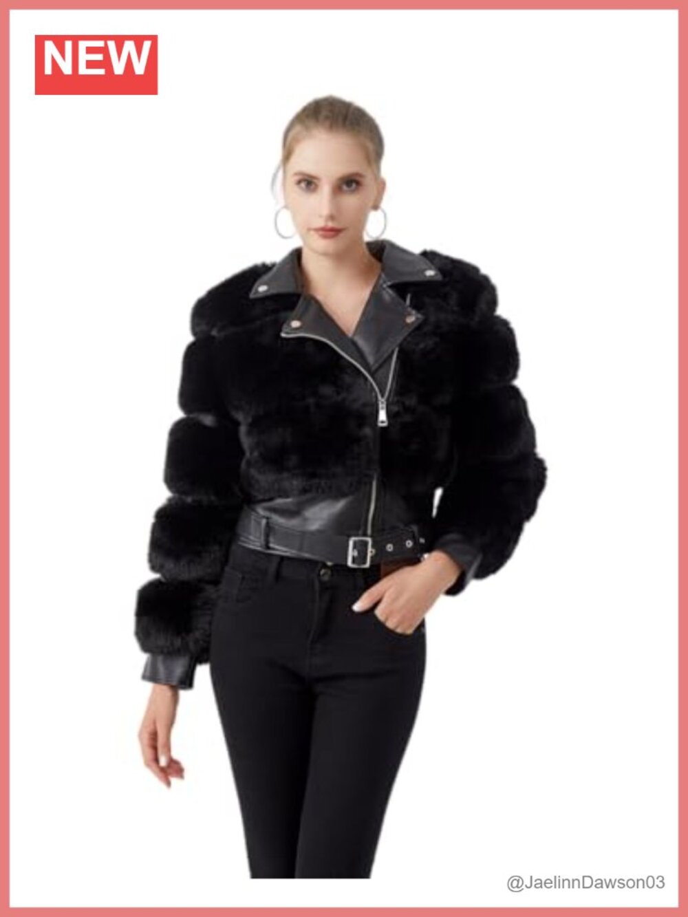 Women's Moto Style Cropped Faux Fur Jacket, Faux Leather Belted Biker Coat, Zip